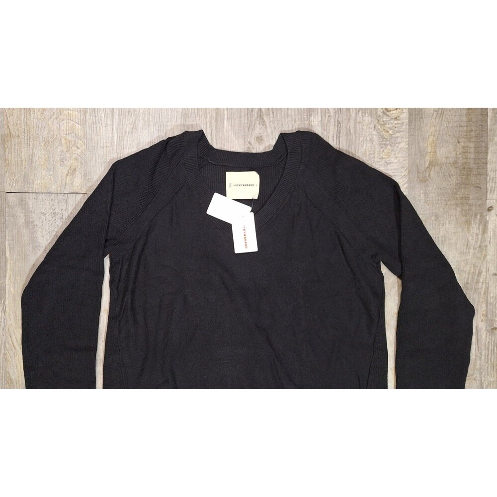 Lucky Brand Black V-Neck Knit Sweater Womens XS Tight Knit Pullover Side Slit - Picture 5 of 9